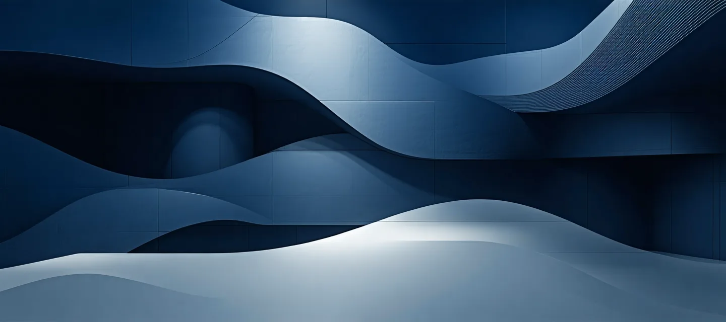 Abstract financial data flows and architectural lines in deep navy and steel blue, representing precision and trust in financial operations