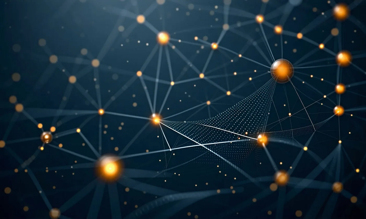 Abstract visualization of multi-tier supplier network with risk concentration nodes highlighted in amber